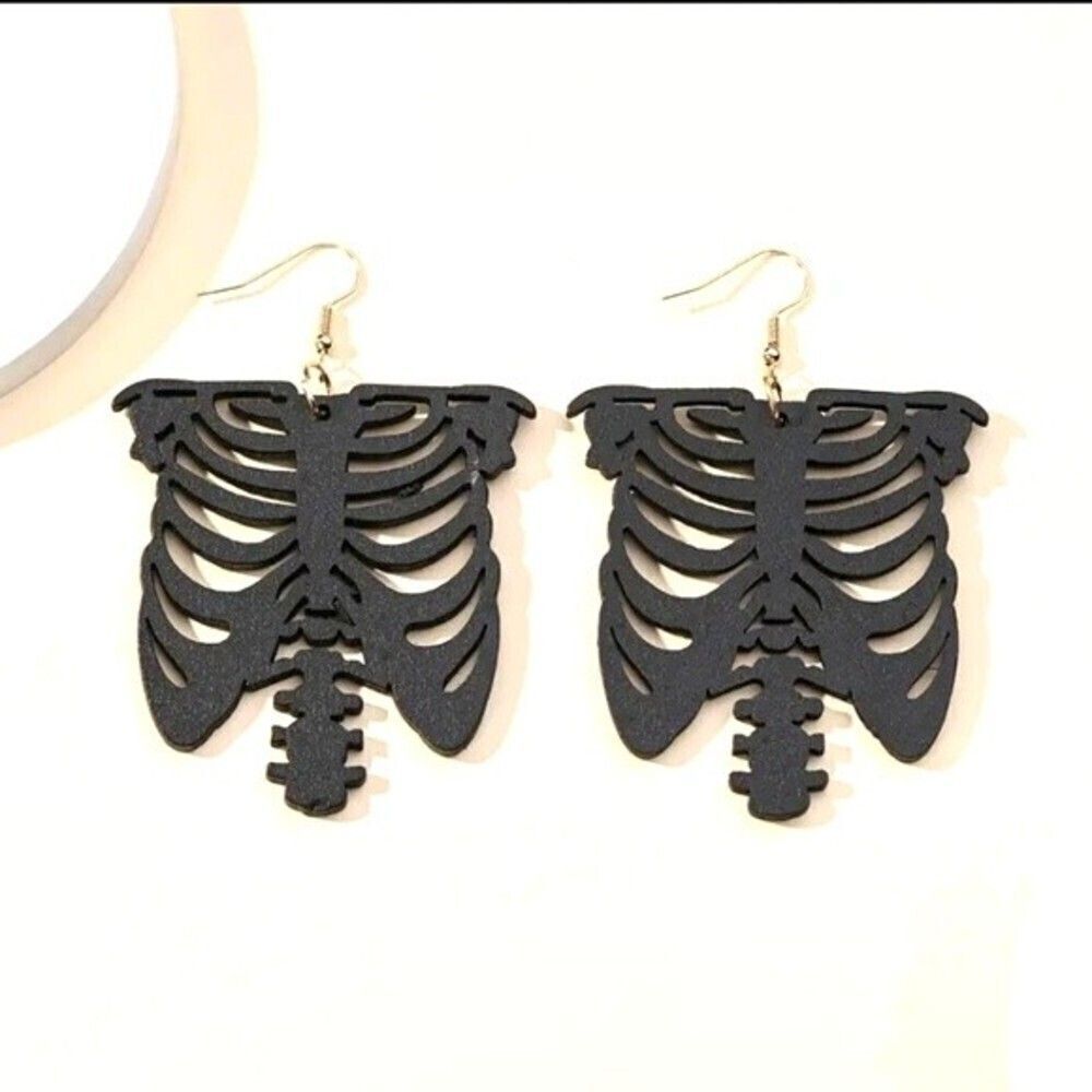 Wood carved black Skeleton ribcage shape earrings